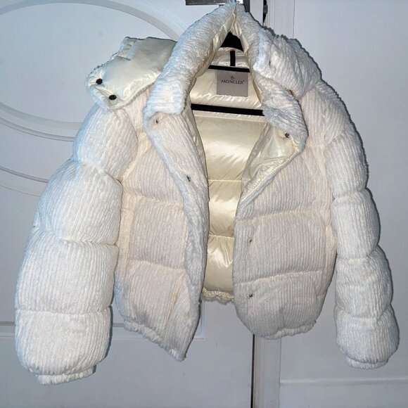 Moncler White Velvet Corduroy Puffer Jacket with Hood (Size 1)